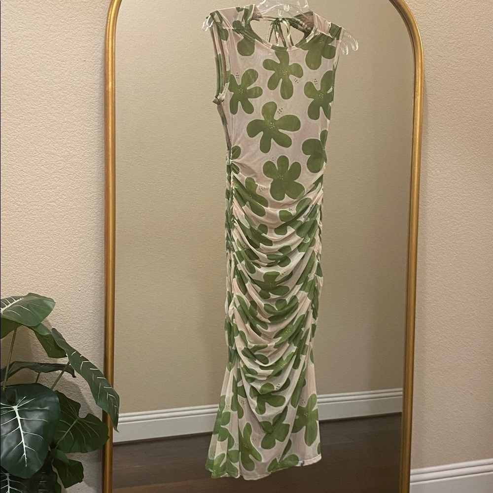 Simon Miller Tangier Printed Mesh Midi Dress in Green Seashell Flora Size L - Picture 2 of 15